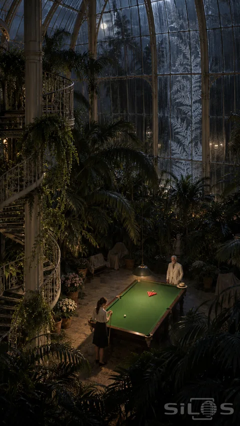A small snooker game beneath a lamp in a tall glass palm house; with a spiral iron stair and fern-shaped frost across the panes.