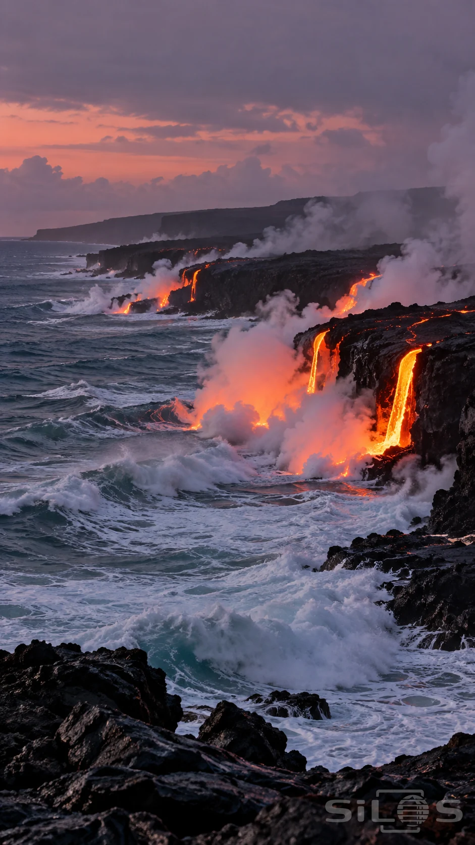 Lava ocean cliffs with orange lava flowing down a black coastline into waves beneath rising steam and a violet sky.