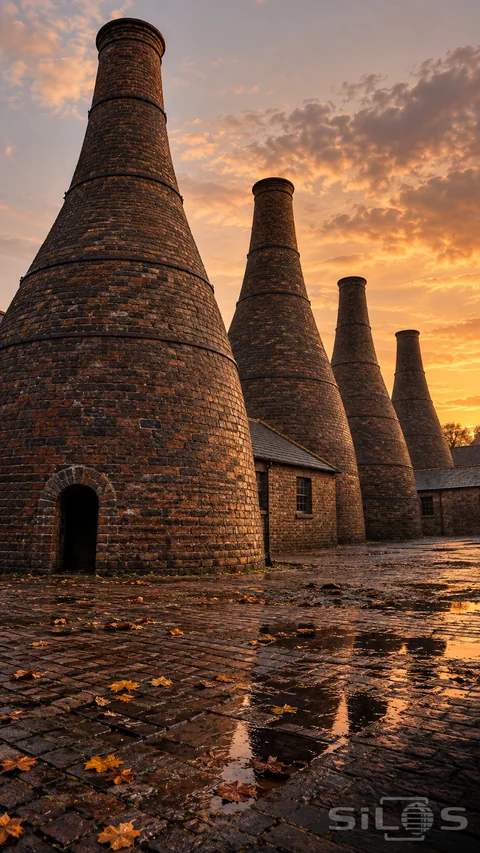 Four tall brick bottle kilns with narrow necks and iron bands recede across a wet pottery yard beneath warm evening clouds.