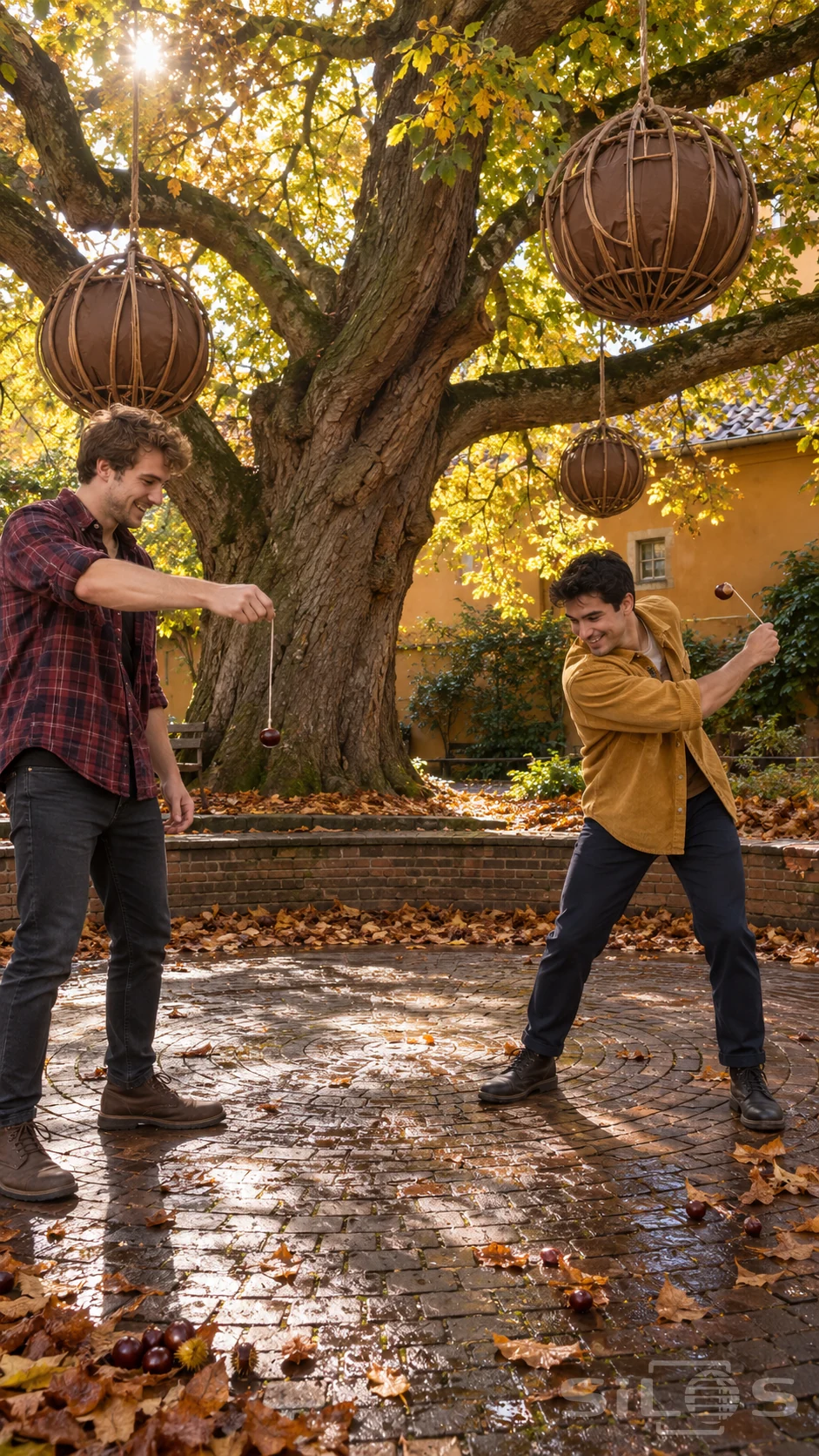Two adult friends begin a conker duel beneath a large tree and hanging willow sculptures in a wet chestnut courtyard.
