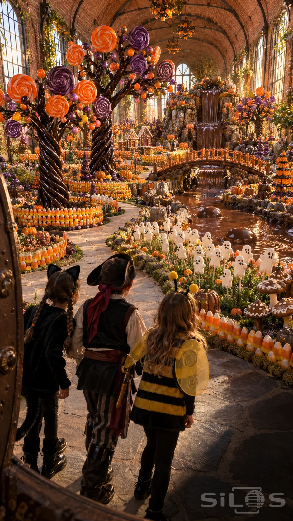 Three children in cat, pirate and bee costumes enter a brick-vaulted candy garden with orange and purple lollipops and a chocolate stream.