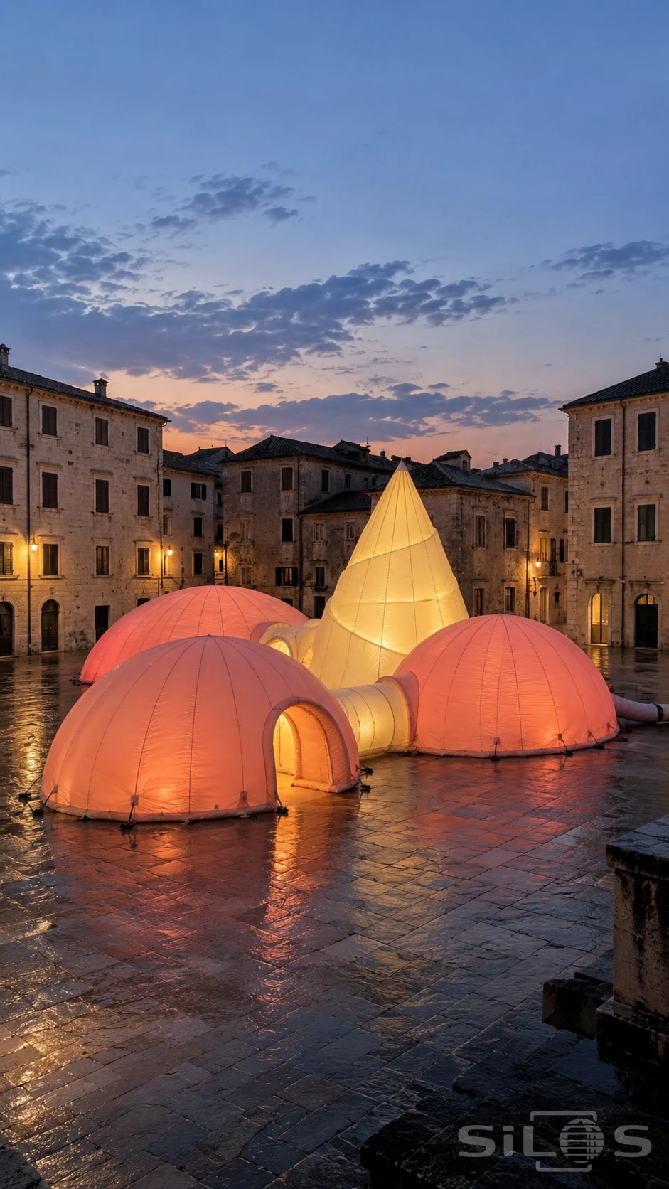 Inflatable art pavilion with coral fabric domes, a tall yellow cone and connected tunnels in a wet stone square at dusk.