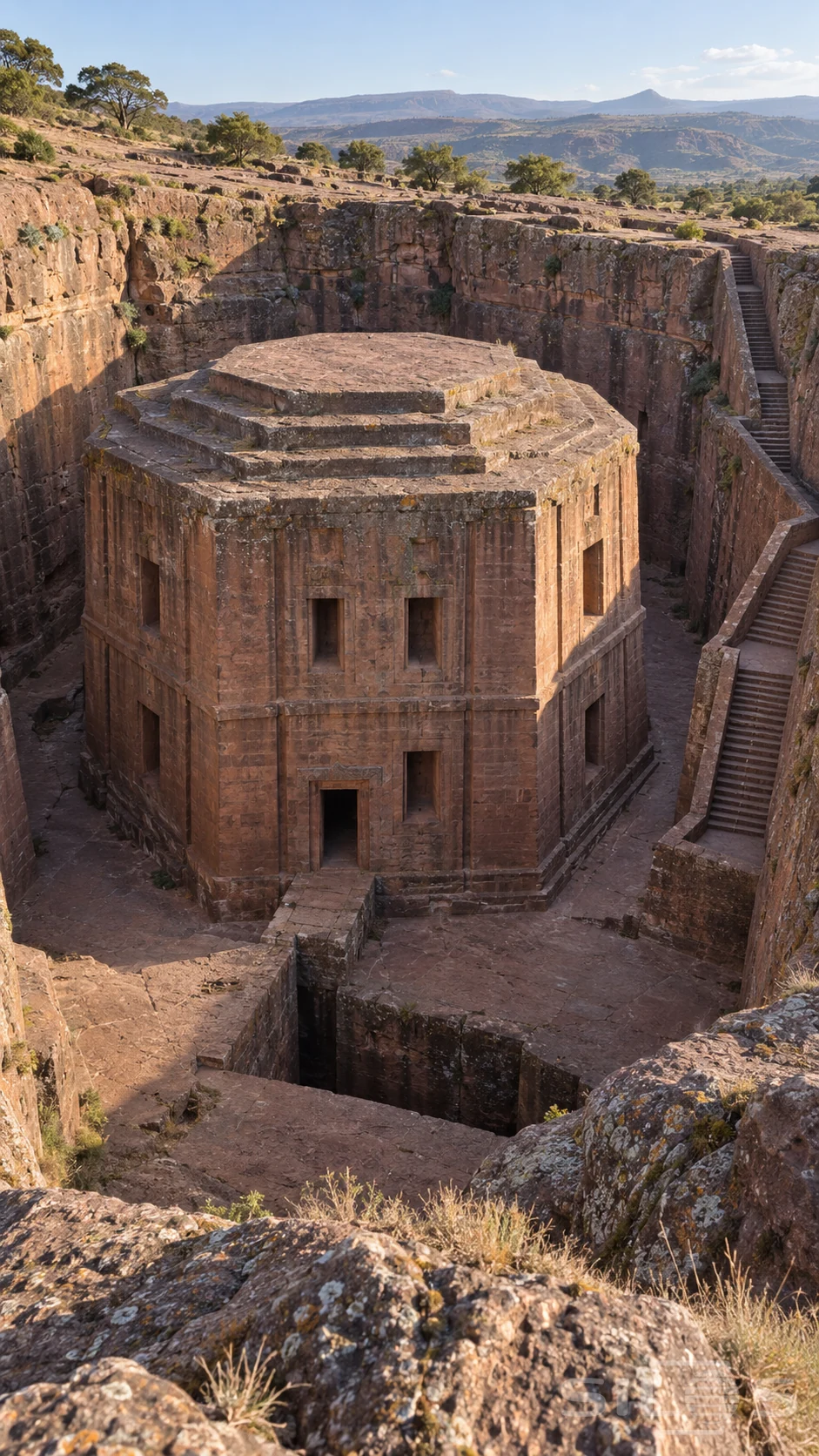 An octagonal hall carved from reddish rock stands below a plateau inside a deep court, with stepped roof, narrow bridge and long stone stair.
