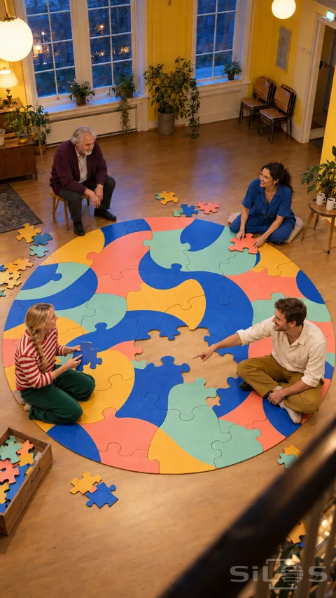 Four adults gather around a giant floor puzzle with blue; coral; mint and mustard shapes in a warm yellow hall.
