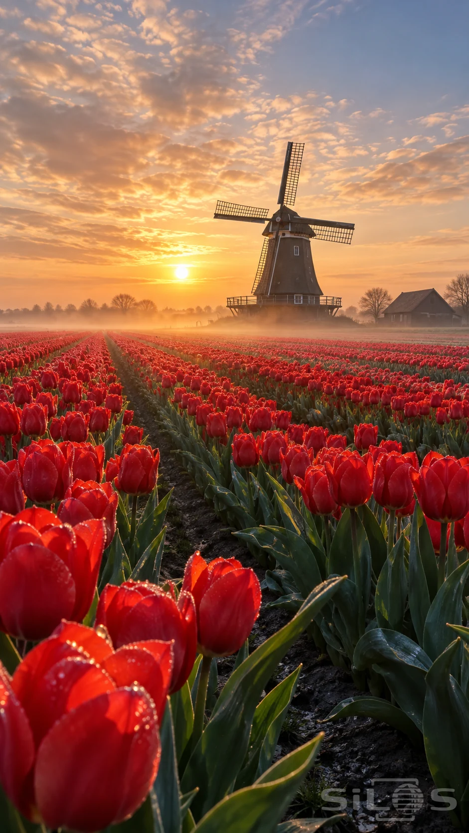 Rows of red tulips lead toward a timber windmill with four lattice sails in golden morning mist.