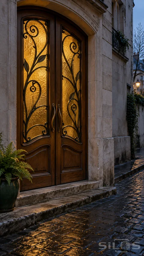 Curved ironwork forms leafy spirals across amber glass double doors in an oak frame; with bronze handles above damp cobbles.