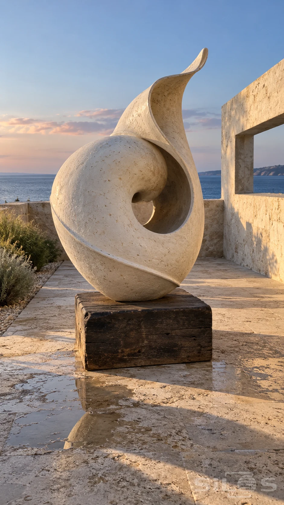 A tall ivory ceramic spiral sculpture with an open curled lip stands on a timber plinth in a sunlit seaside courtyard.