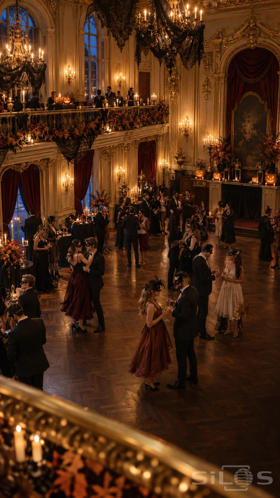 Guests in dark suits and elegant shorter dresses mingle and dance in a gilded Halloween ballroom with pumpkins and autumn garlands.