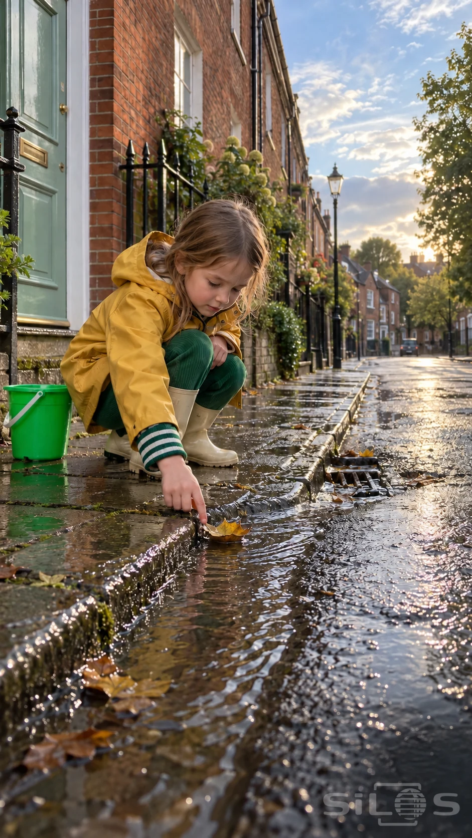 Leaf boat play after a shower as a child in a yellow raincoat nudges a golden leaf along a wet street curb.