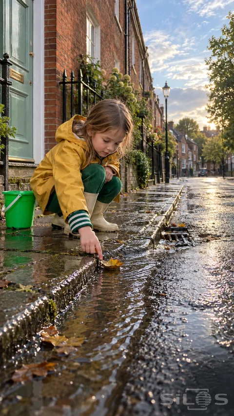 Leaf boat play after a shower as a child in a yellow raincoat nudges a golden leaf along a wet street curb.