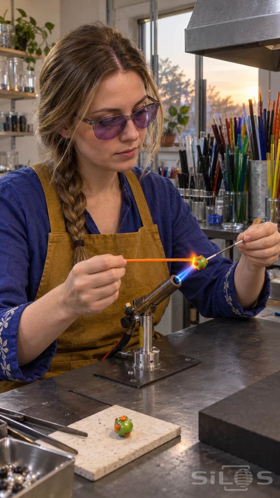 Adult artisan in tinted protective glasses works an orange glass rod beside a lime lampwork glass bead on a metal mandrel.