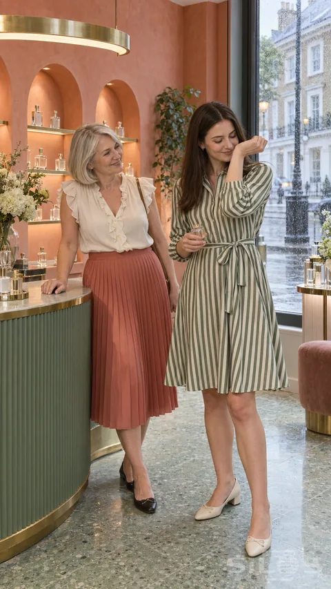 Two friends share a perfume wrist test in a coral boutique with a green counter and clear glass bottles.