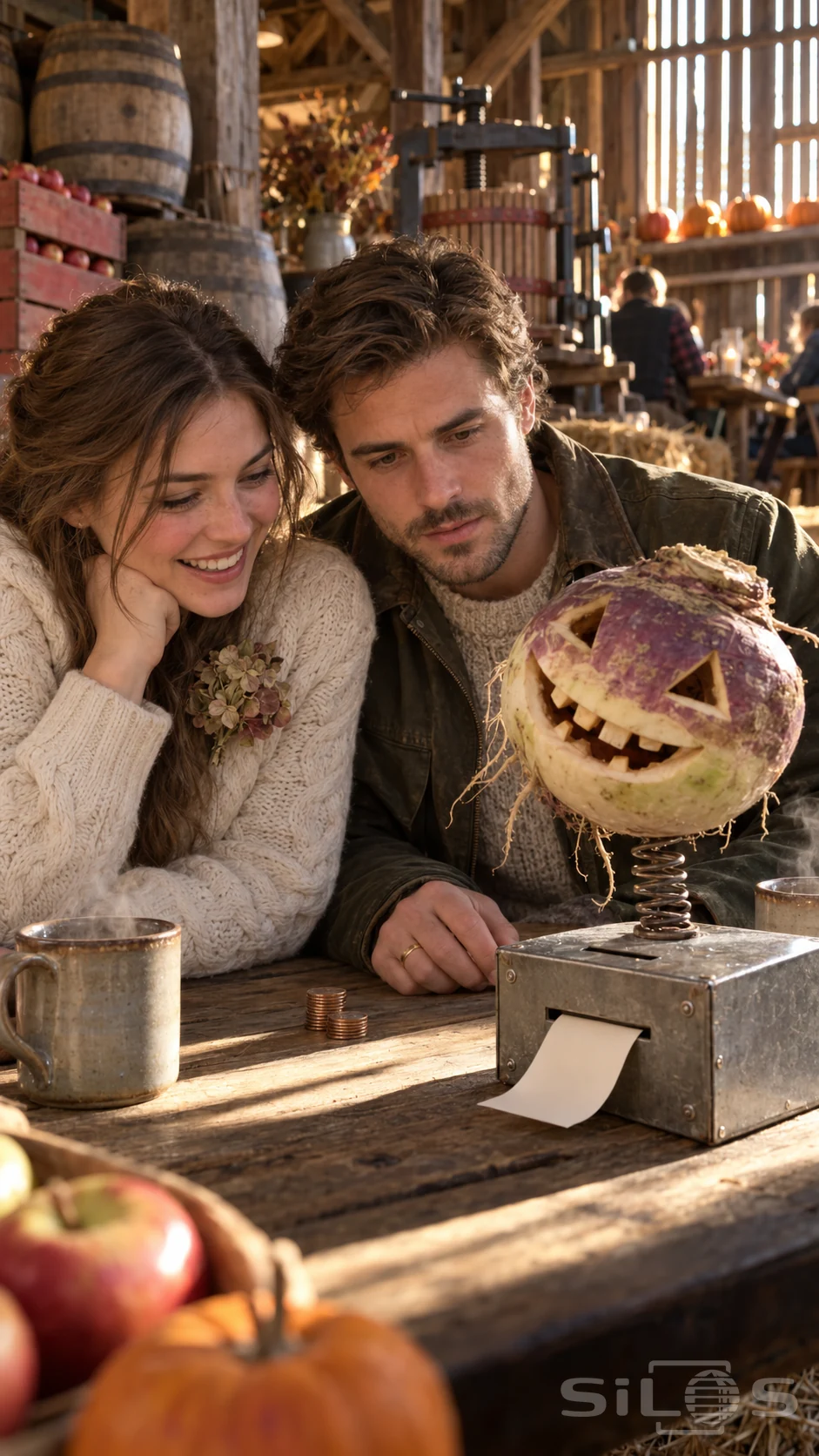 A couple watches a carved turnip nod on a spring above a plain tin box dispensing a blank card on a sunny cider-barn table.