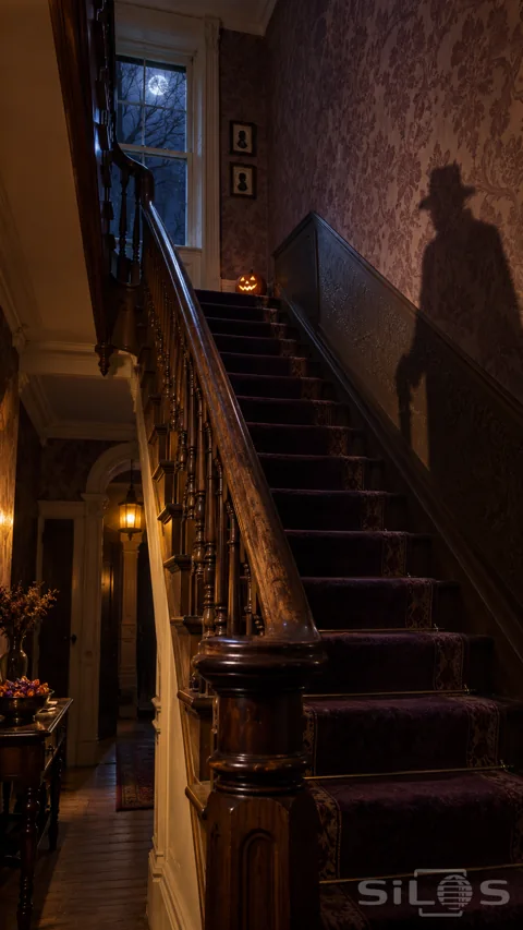 Candle-lit pumpkin at the top of a plum-carpeted Victorian staircase; with moonlight through a sash window and a tall shadow.