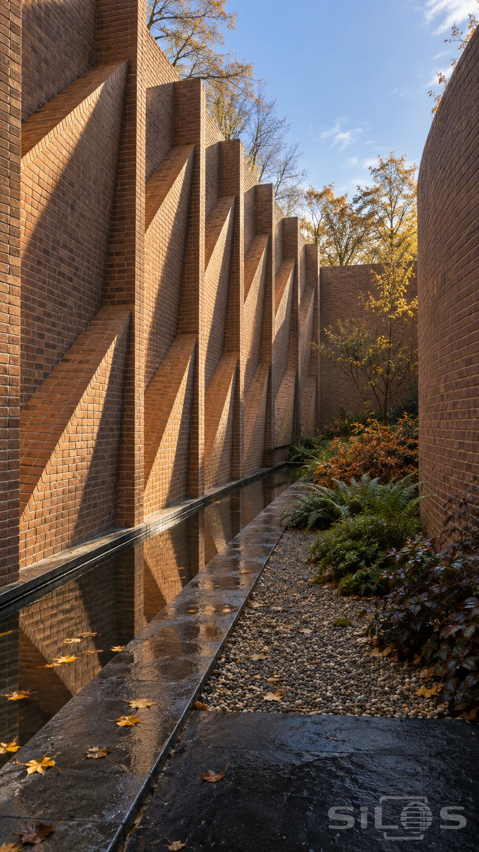 A tall wall of diagonal brick fins rises beside a narrow reflective water channel and an autumn courtyard garden.