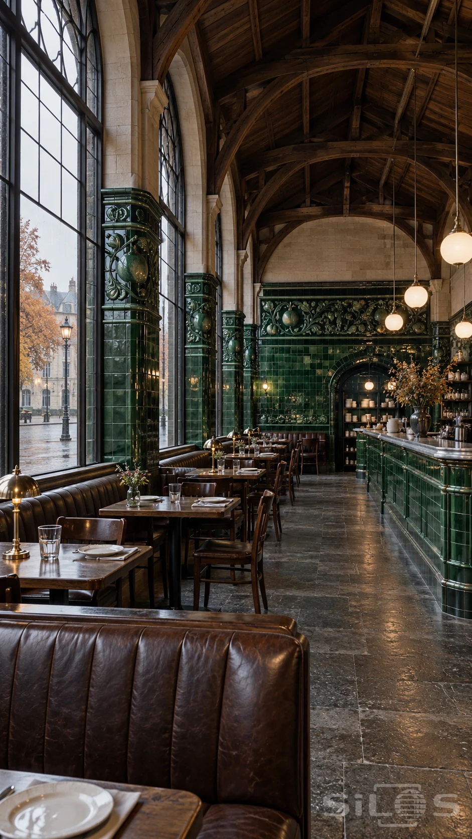 Empty brasserie with dark green ceramic walls, raised fruit and leaf tiles, tall windows, leather booths and a timber roof.