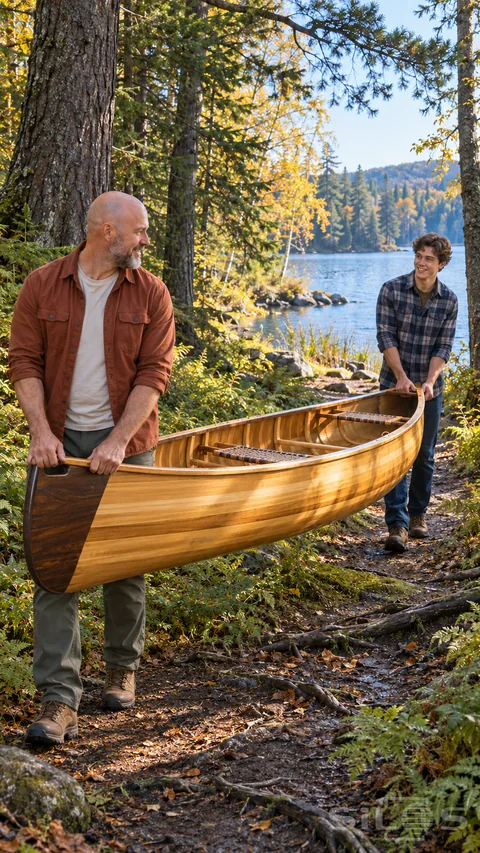 A father and adult son share a cedar canoe carry on a rooted forest path beside a blue lake in autumn sunlight.
