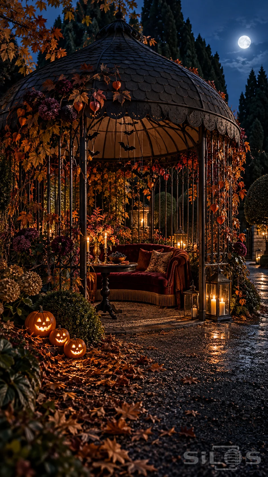 A giant birdcage gazebo stands open around a burgundy settee, candlelit table, vines, paper bats and glowing pumpkins.
