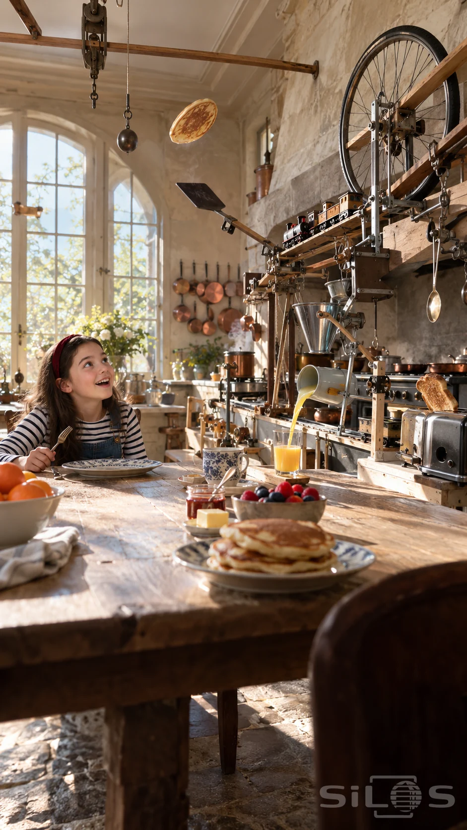 Girl watches a pancake fly above a wooden breakfast machine with a toy train, bicycle wheel, pouring jug and toaster