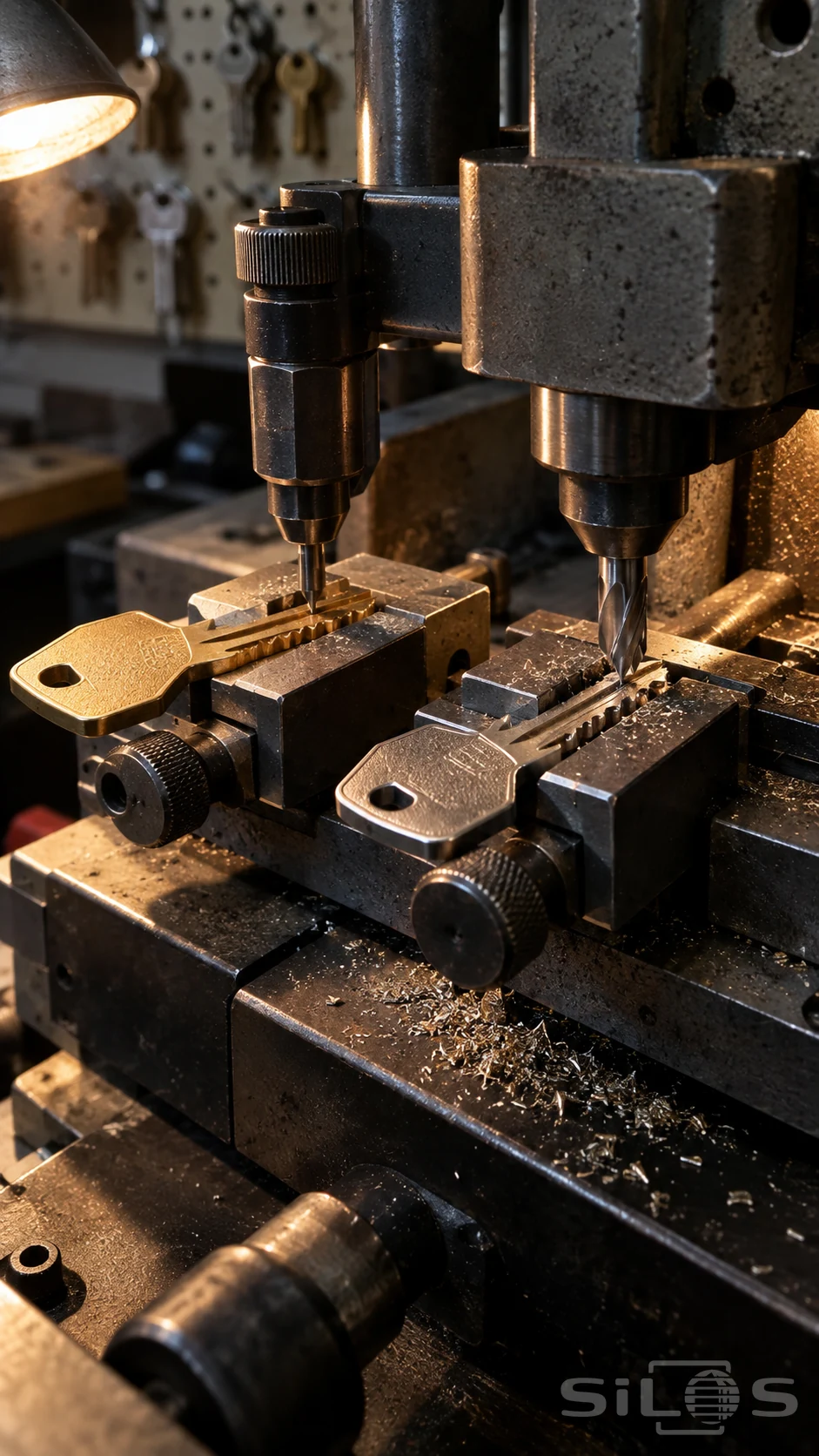 Key cutting machine holds a brass original key and a silver key blank beneath paired tool heads.