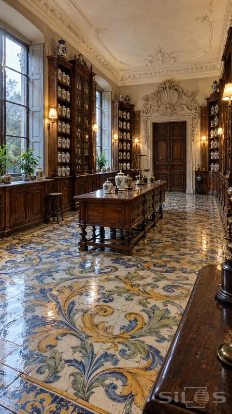 Ornate apothecary with blue-yellow scrolling floor tiles; walnut cabinets of porcelain jars; a brass balance and a carved shell doorway.