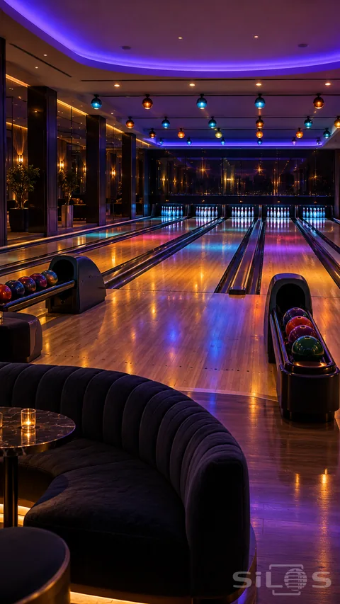 Empty jewel bowling room with polished timber lanes and colored globe lights behind curved velvet seating.