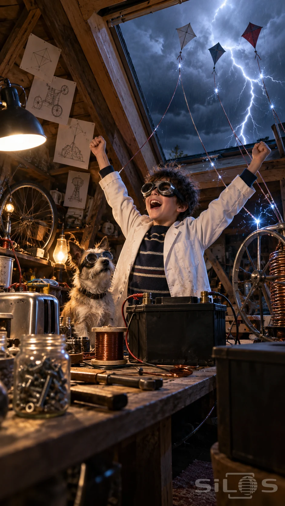 A boy raises both fists beside a terrier in goggles at a crowded attic workbench, with three kites and lightning above an open skylight.