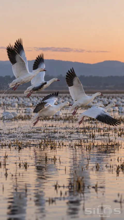 Five snow geese lift from a flooded rice field beneath a peach dawn sky with black flight feathers spread above splashing water.