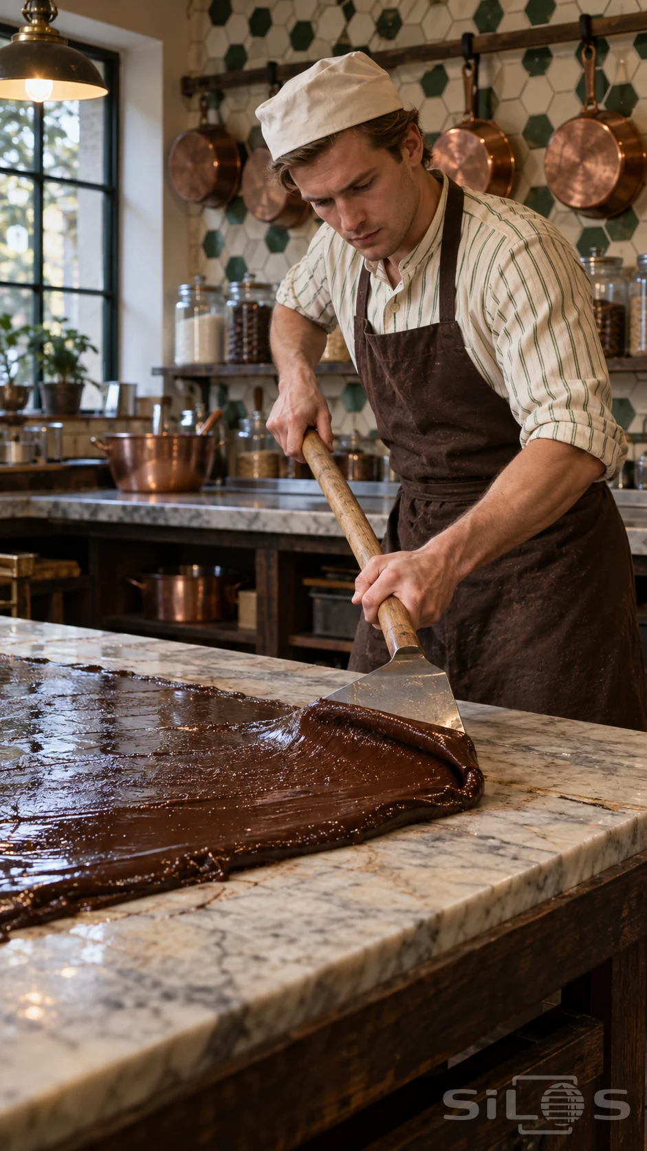 A male confectioner folds chocolate fudge with a long confectionery paddle over a pale marble work slab.