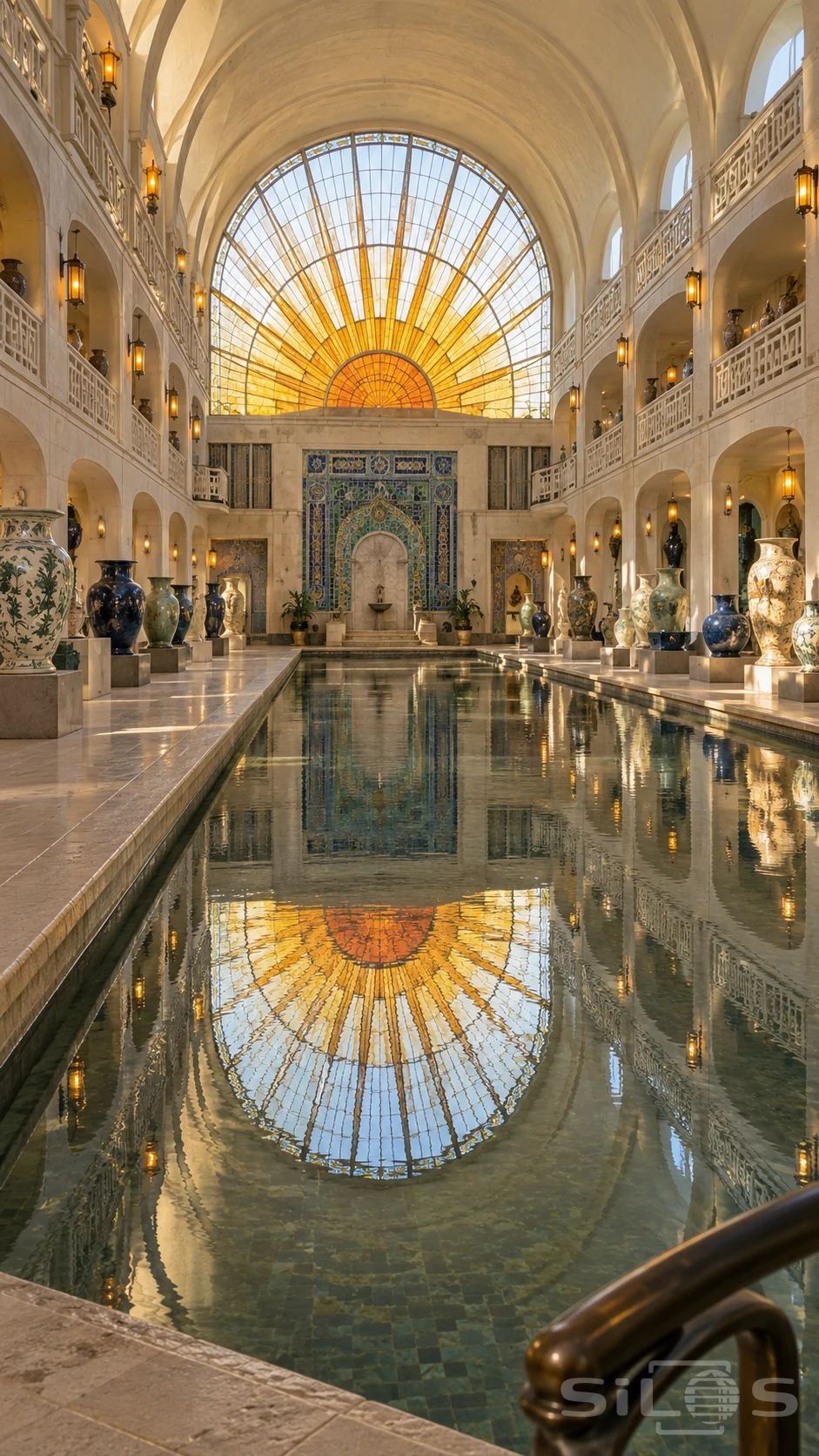 Vaulted ceramic gallery with a huge amber sunburst window reflected in a long basin, pale balconies and tall decorative vessels.