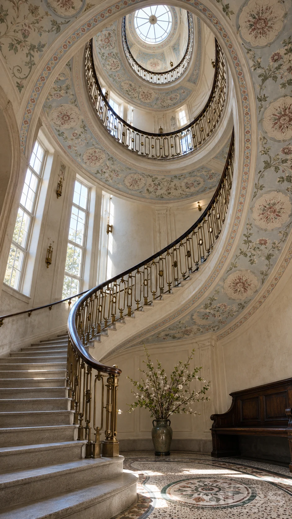 Tall oval stairwell with floral-painted blue-grey undersides, brass balusters, dark handrails, round skylight and a mosaic landing.