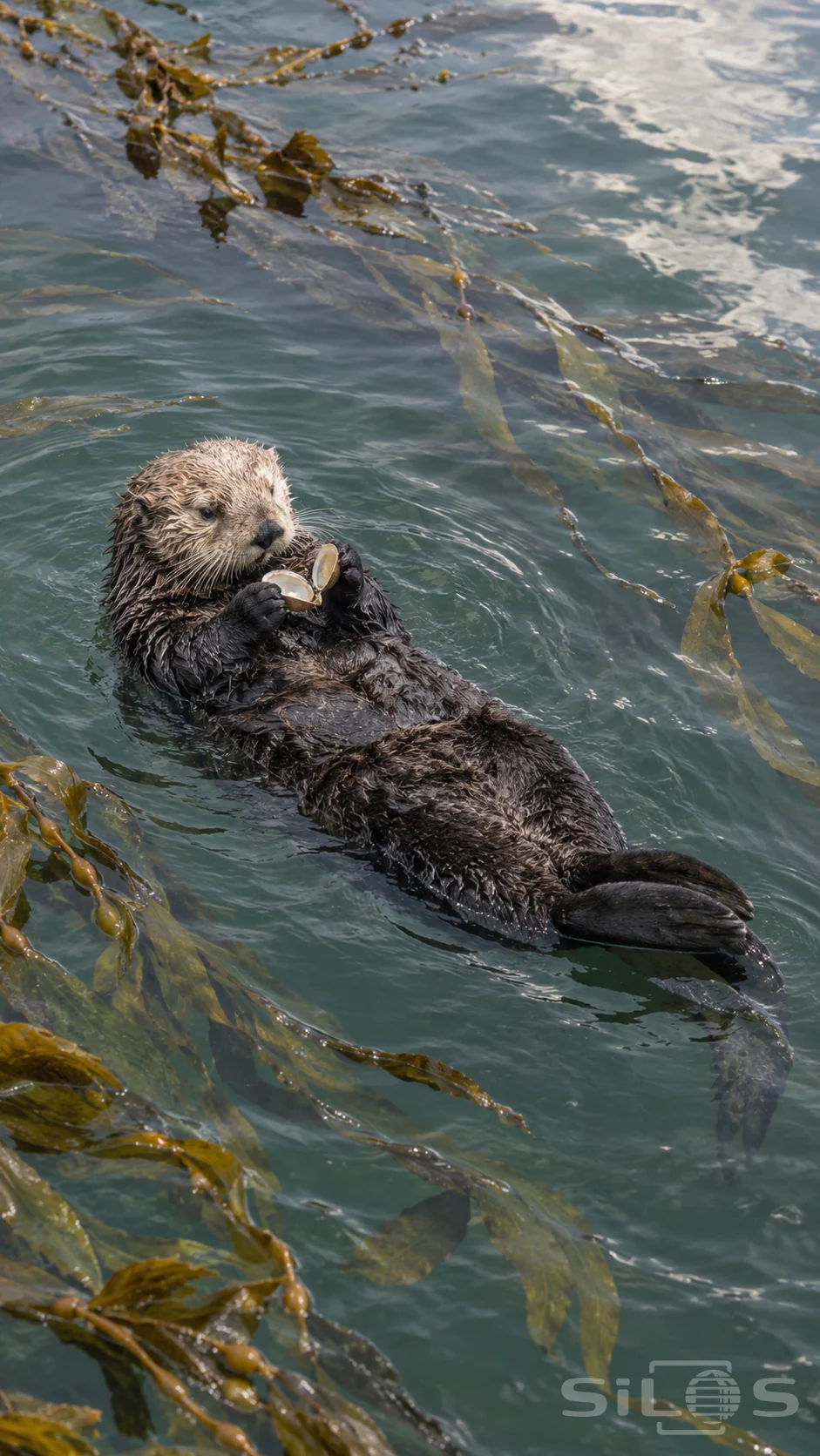 A sea otter floats on its back holding an open shell at its chest, with wet fur, folded hind flippers and kelp ribbons around it.