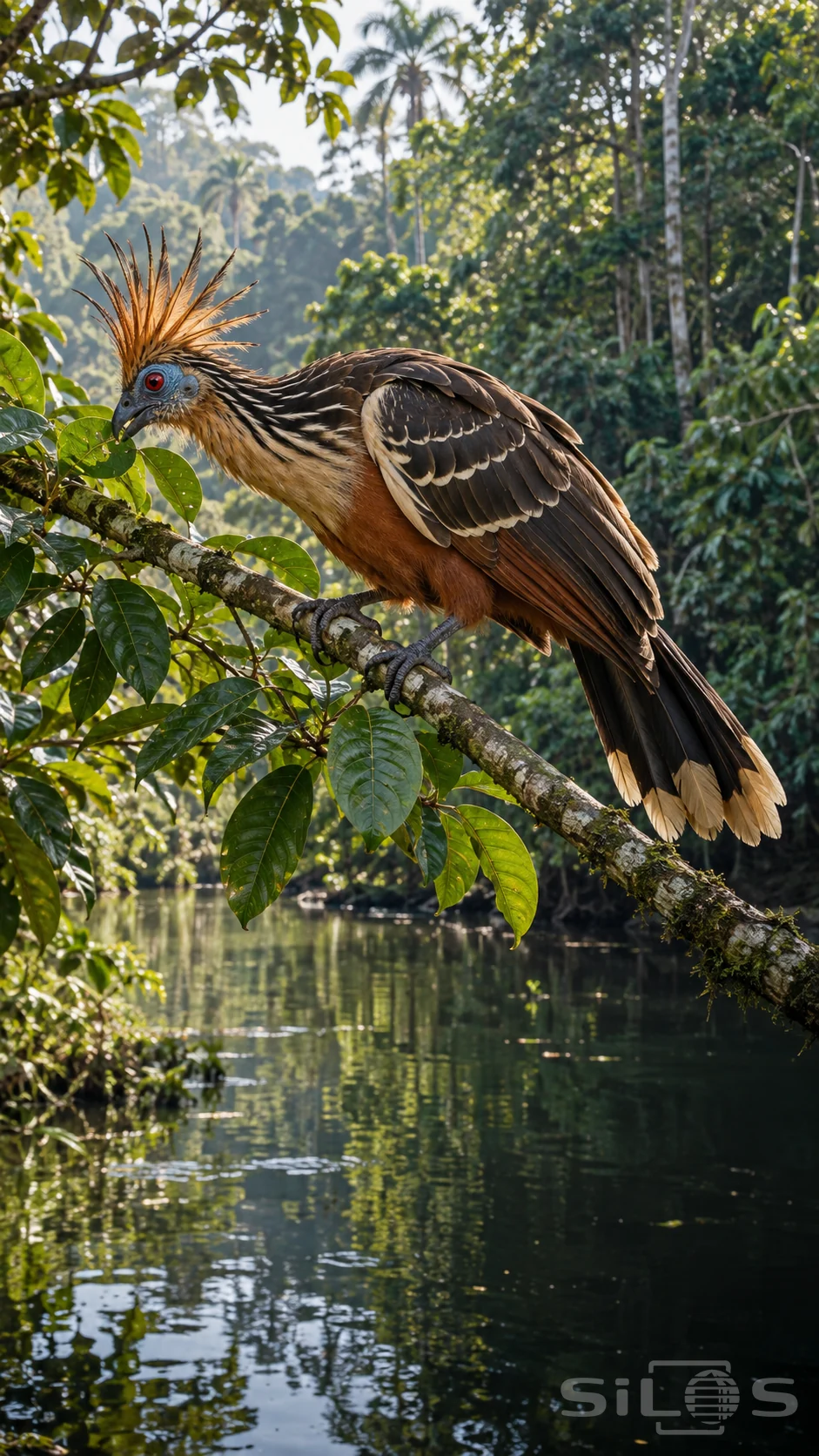 A hoatzin with an orange crest, blue facial skin, red eye and cream-tipped tail grips a leafy branch above a forest backwater.
