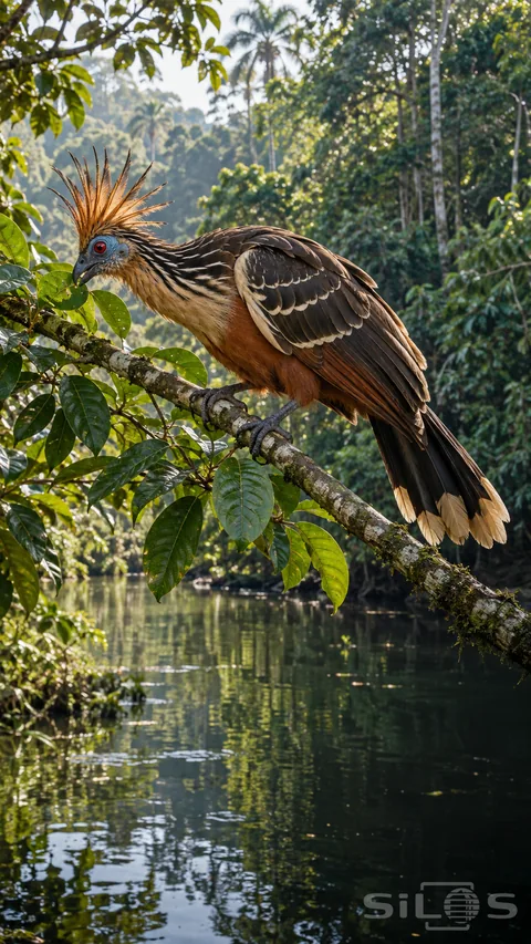 A hoatzin with an orange crest; blue facial skin; red eye and cream-tipped tail grips a leafy branch above a forest backwater.
