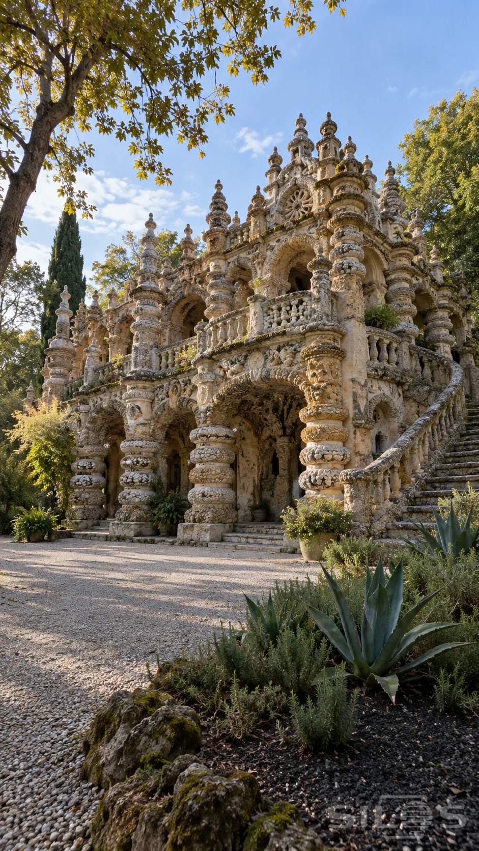 An ornate pebble-covered stone garden palace has ringed columns, arched terraces, many pinnacles and a curving exterior stair.