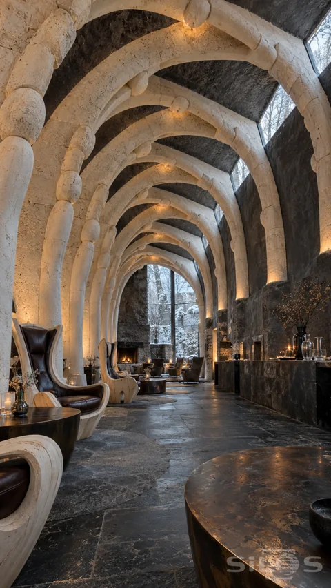 Long winter lounge with jointed ivory stone arches; dark stone walls; sculptural leather chairs and snowy trees through high windows.