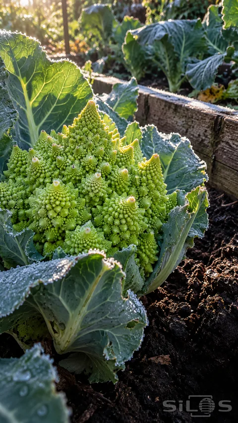 A growing Romanesco head with pointed green spirals and frost sits among blue-green leaves in a timber vegetable bed.