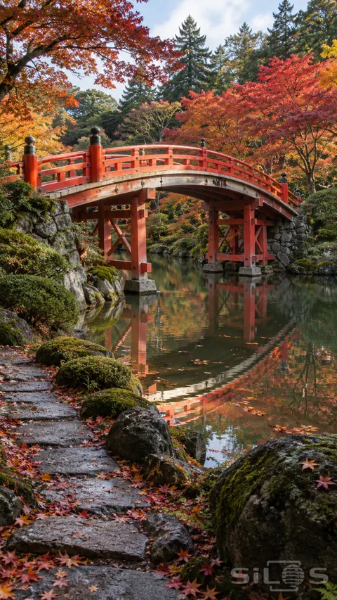 A curved red timber bridge reflects in a garden pond surrounded by scarlet maples; mossy stones and fallen autumn leaves.