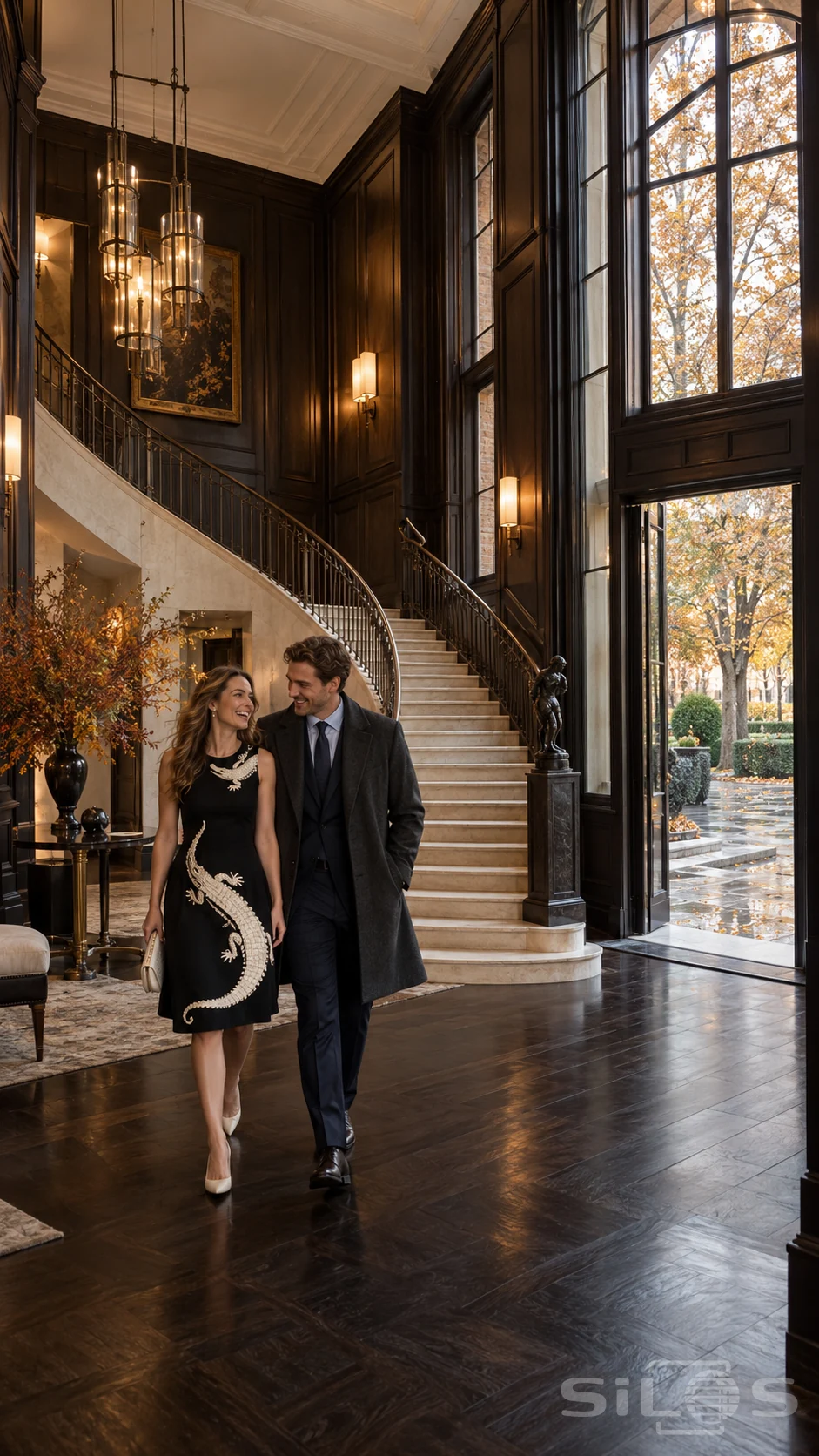 A laughing couple walks through a dark timber stair hall, the woman wearing a black knee-length dress with large cream crocodile appliques.
