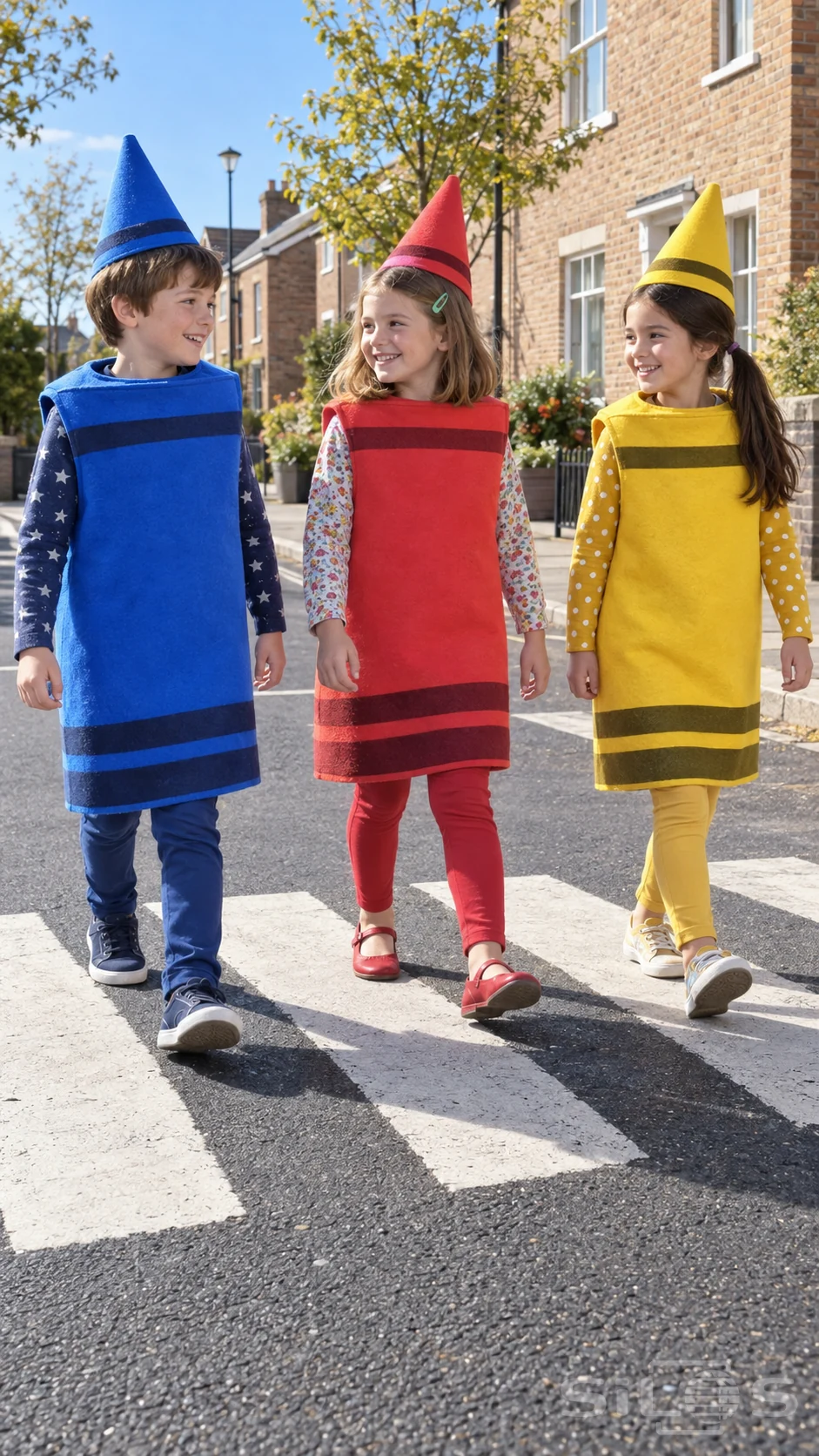 Three children in blue, red and yellow crayon costumes walk together over a striped crossing on a quiet lane.