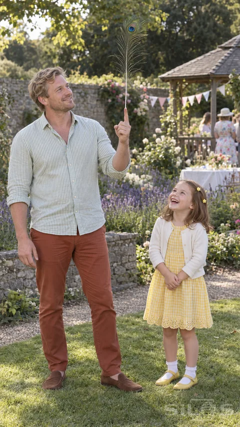 A father demonstrates peacock feather balance while his daughter in yellow gingham laughs beside him at a garden fete.