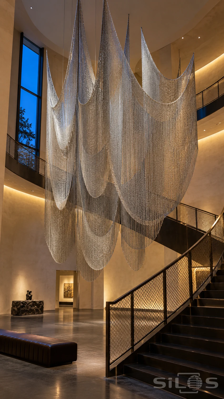 Huge suspended silver chain sculpture in layered curves above dark metal stairs, a leather bench and softly lit cream walls.