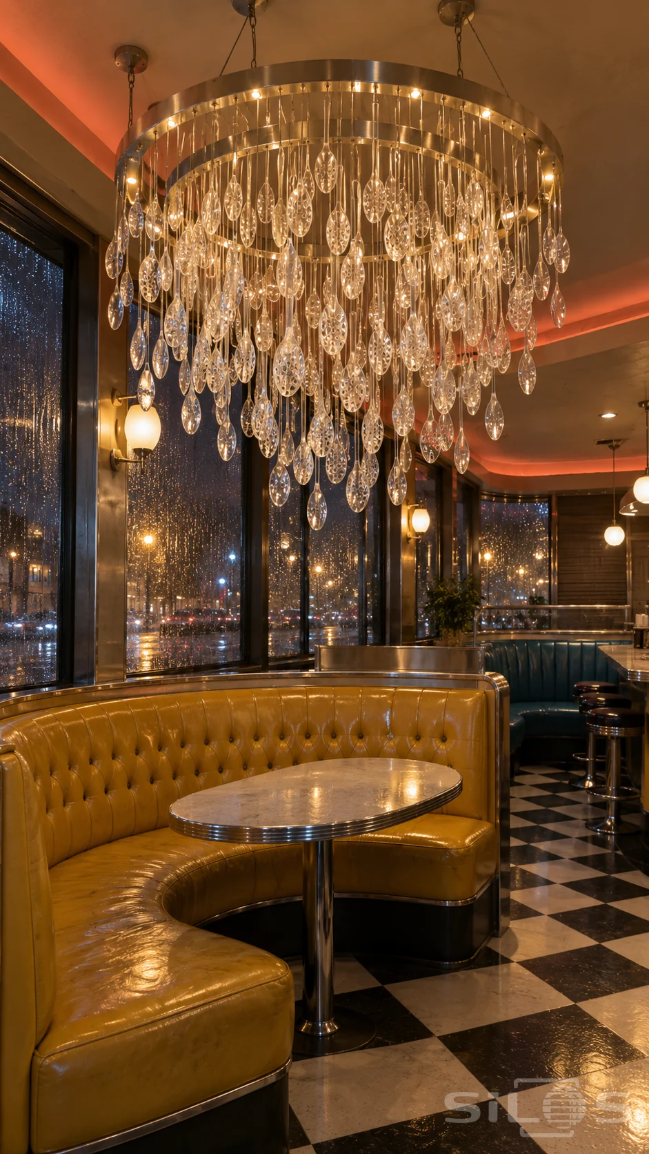 A large translucent spoon chandelier hangs above a mustard booth and checkerboard floor in an empty retro diner.