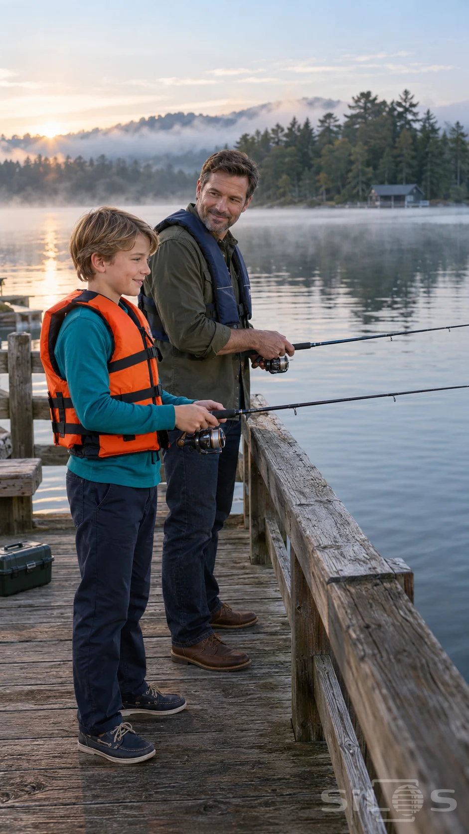 A father and son share pier fishing behind a wooden rail, each holding a separate rod and wearing a life jacket above the misty lake.