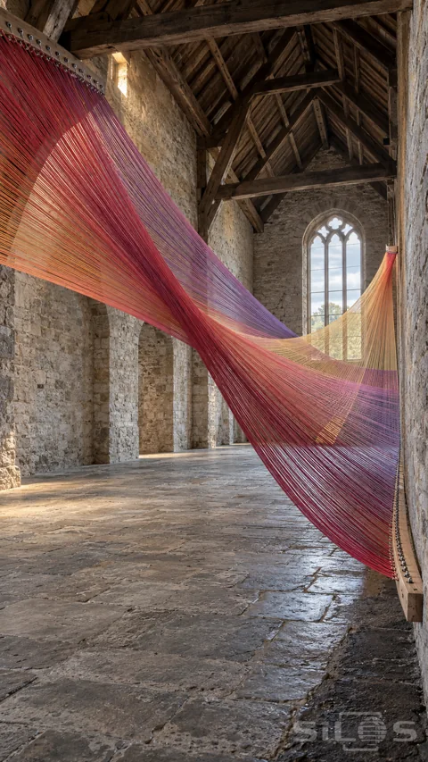 Layers of red; violet; orange and yellow thread span a tall stone hall beneath old timber roof beams.