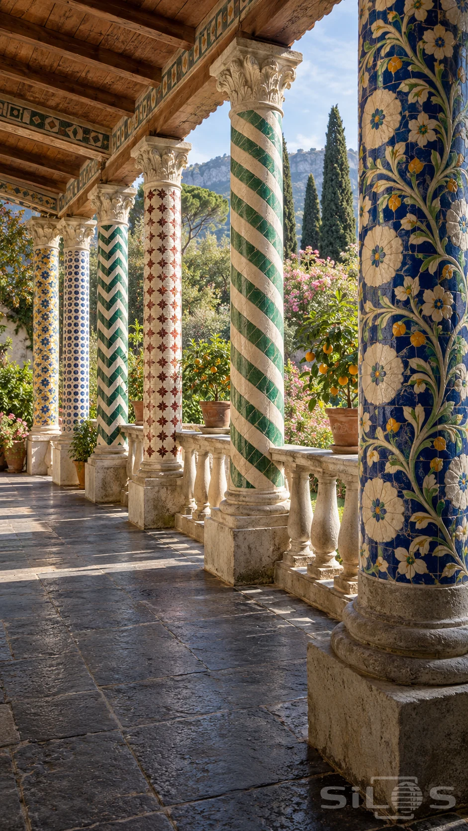 Ceramic columns with blue flowers, green spirals, red patterns and dots line a covered balcony overlooking a flowering garden.