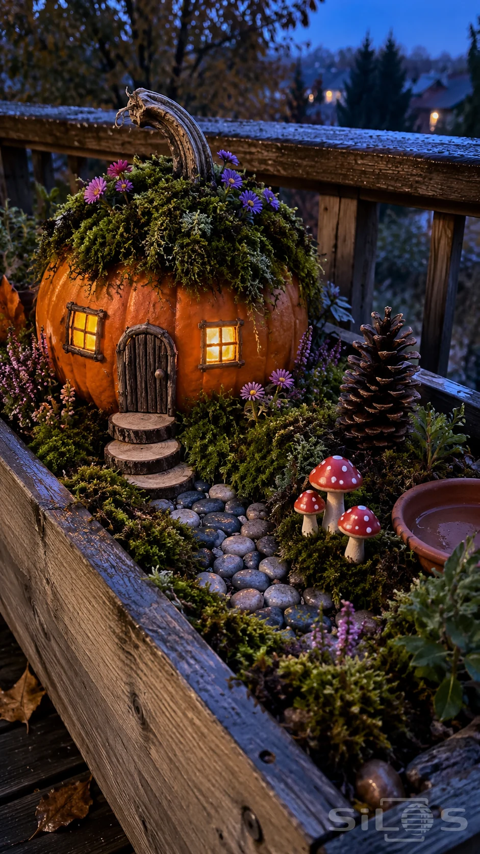 A pumpkin cottage with glowing square windows, a moss roof, twig door and small pebble path in a wooden planter at dusk.
