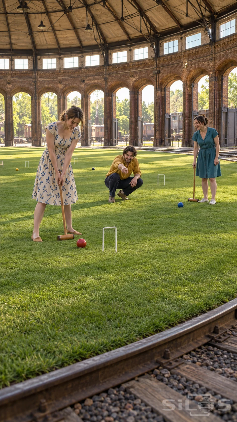Three adults play roundhouse croquet on a green lawn inside a tall railway hall with brick arches and exposed roof beams.