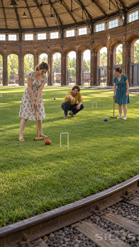 Three adults play roundhouse croquet on a green lawn inside a tall railway hall with brick arches and exposed roof beams.