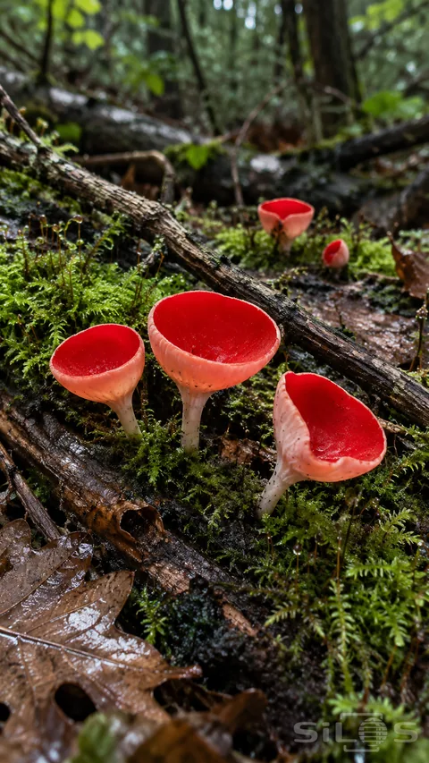 Red cup fungi on pale stems rise through wet moss and fallen leaves beside a dark broken branch.